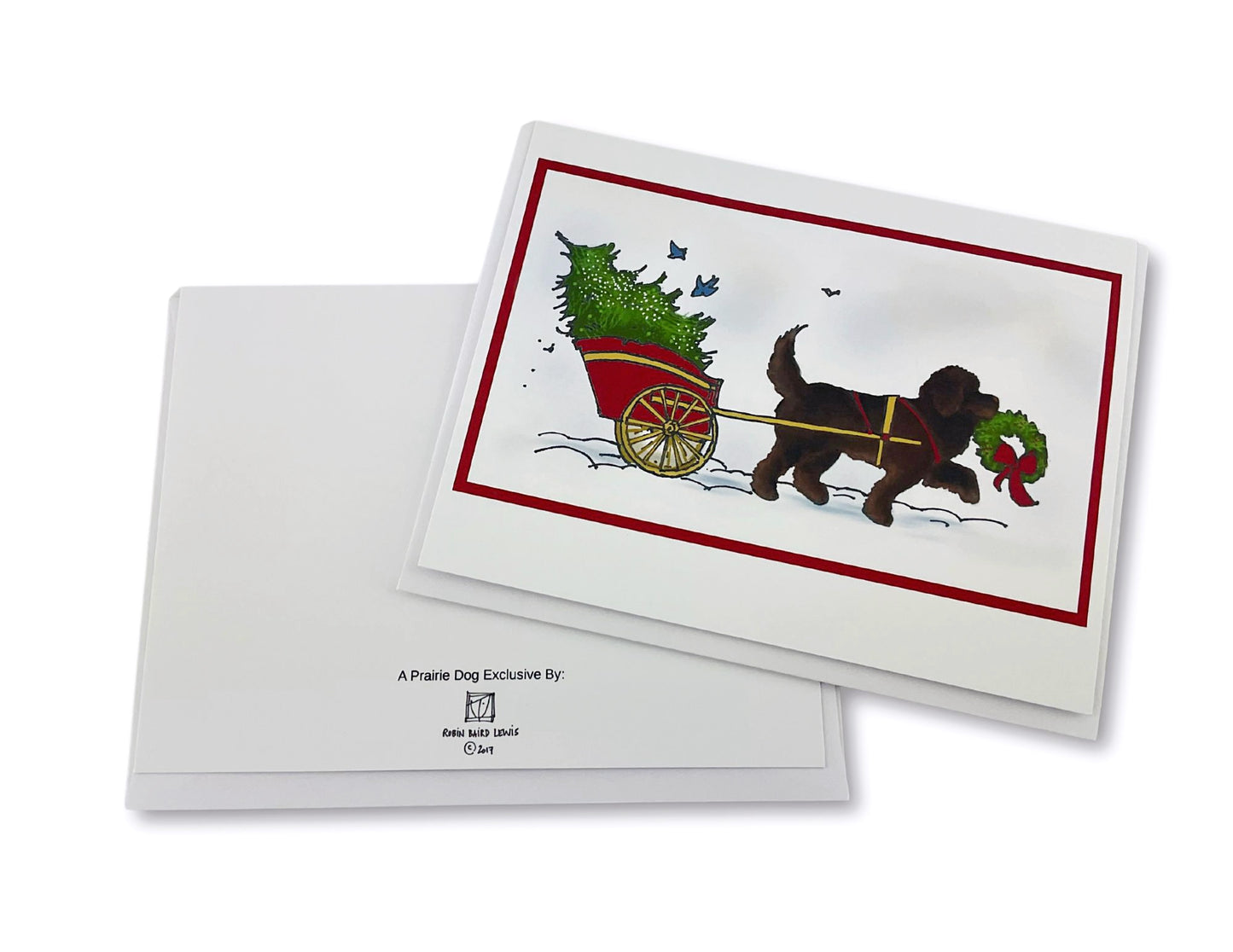 Brown Newfoundland Dog with Christmas Cart Notecard