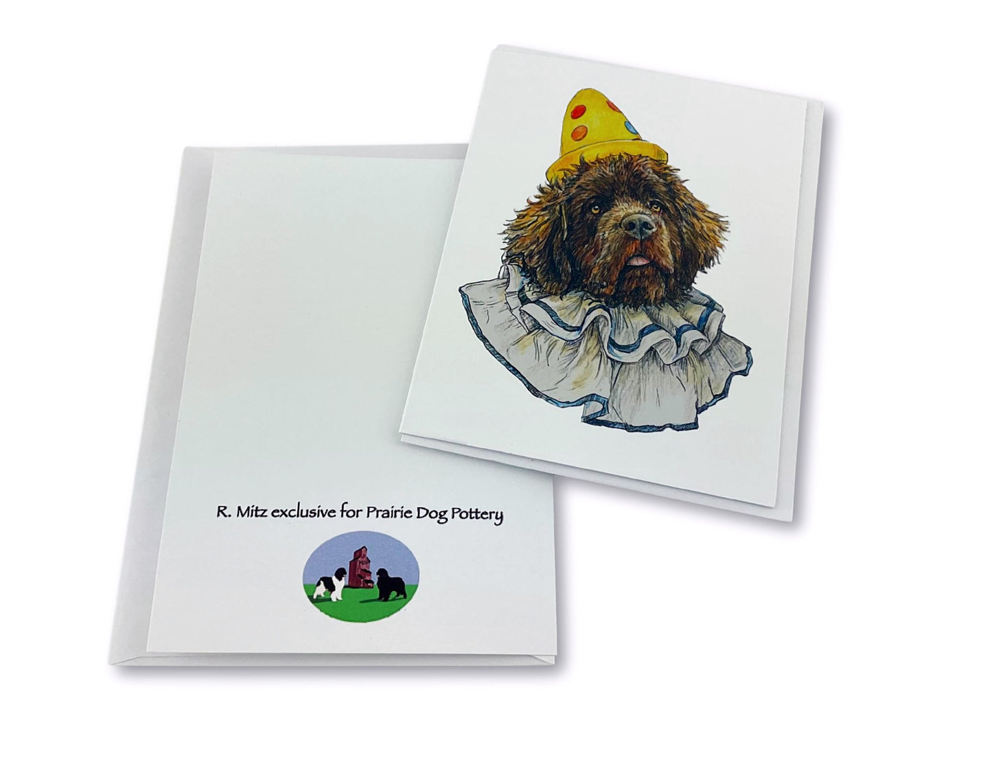 Brown Newf in Clown Outfit with Yellow Hat Notecard