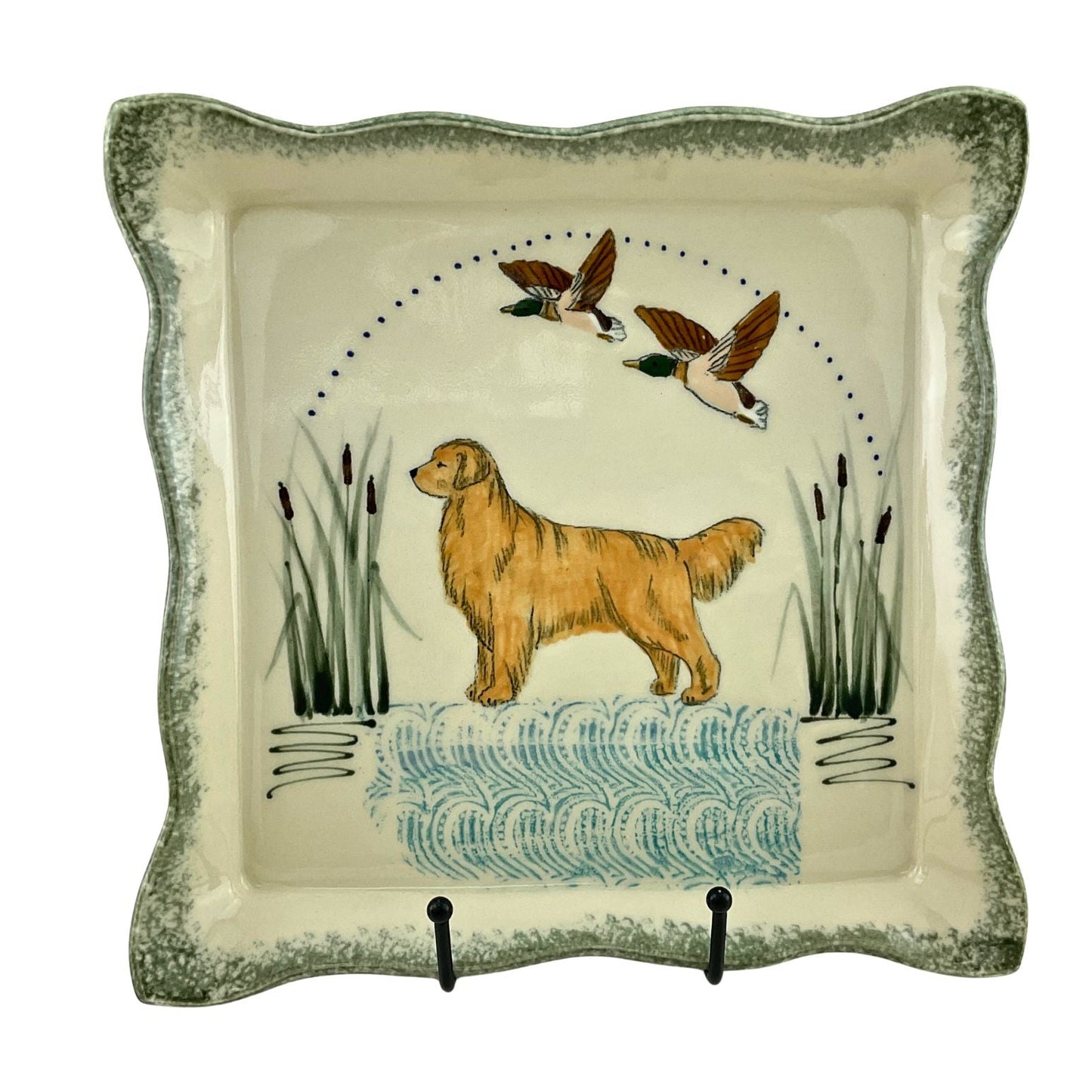 Square Platter with Golden Retriever, Cat Tails and Flying Ducks