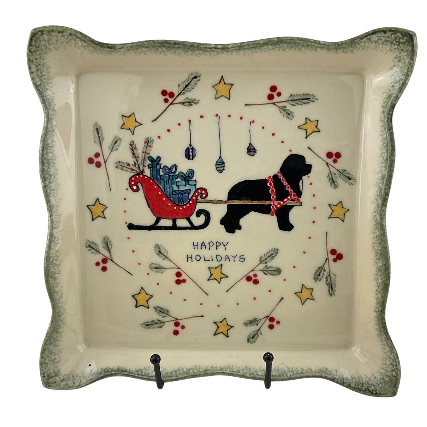 Happy Holidays Square Plate with Newfoundland MADE TO ORDER