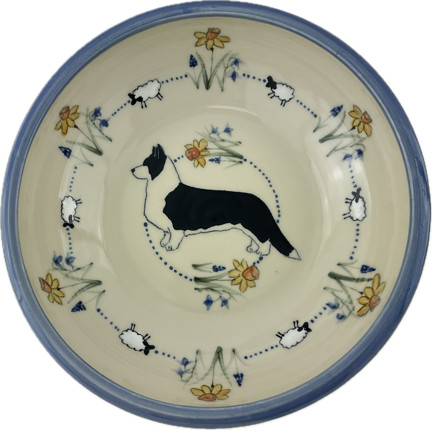 Serving Bowl with Daffodils, Cilla, sheep and a Cardi