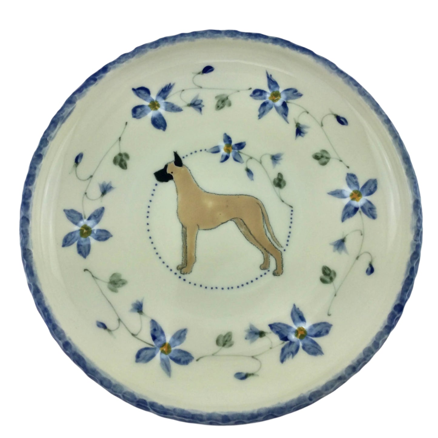 10 inch plate with Buff Great Dane and our Columbine flower pattern
