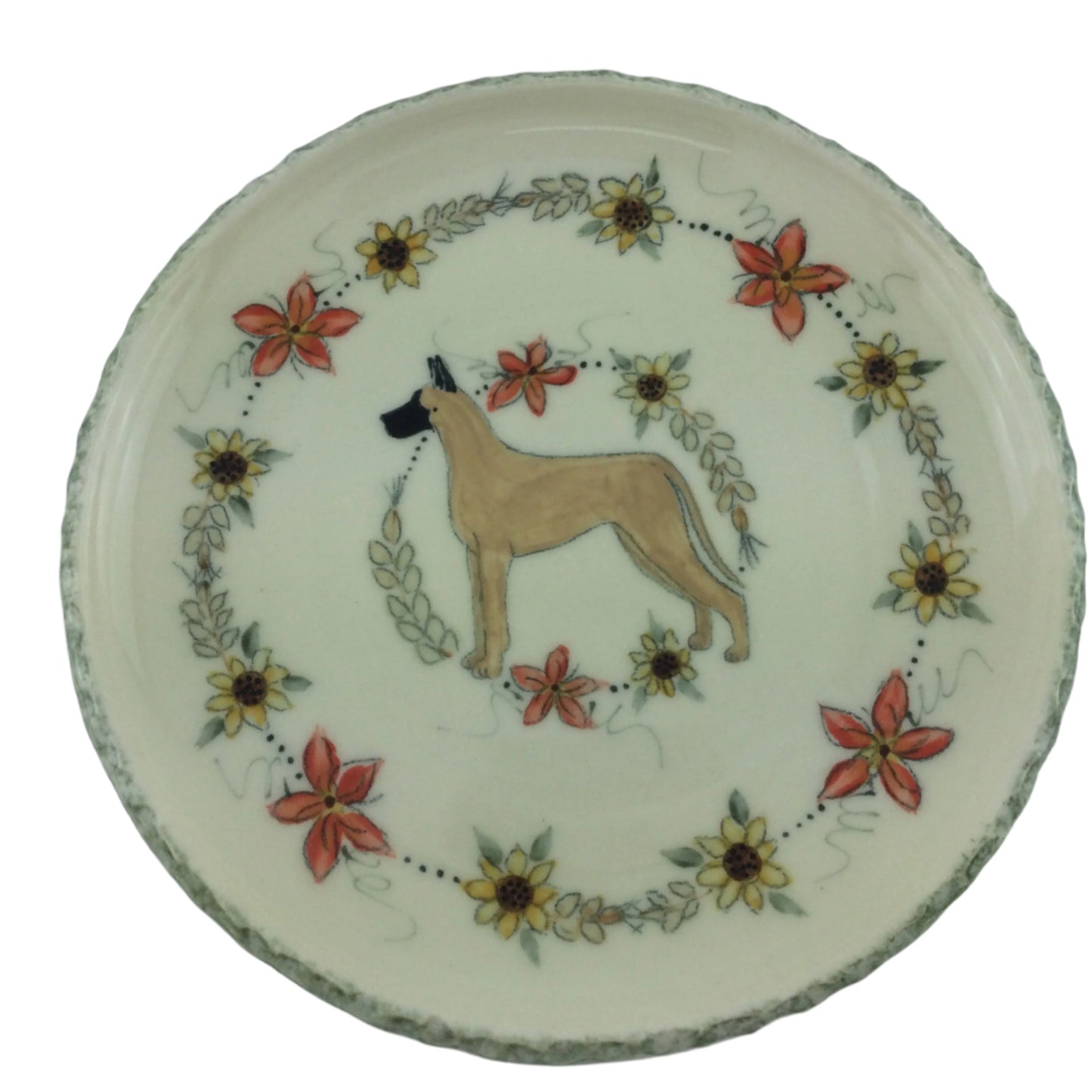 Buff Great Dane on 9 inch plate with Lilies and Sunflowers