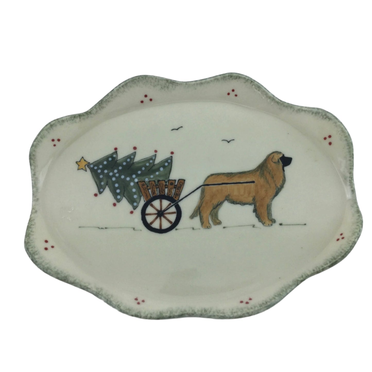 Leonberger pulling Christmas Cart Oval Plate