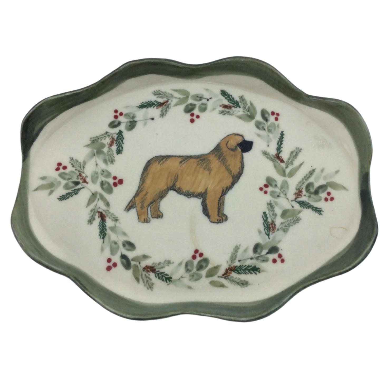 Leonberger on Oval Plate with Christmas Greenery