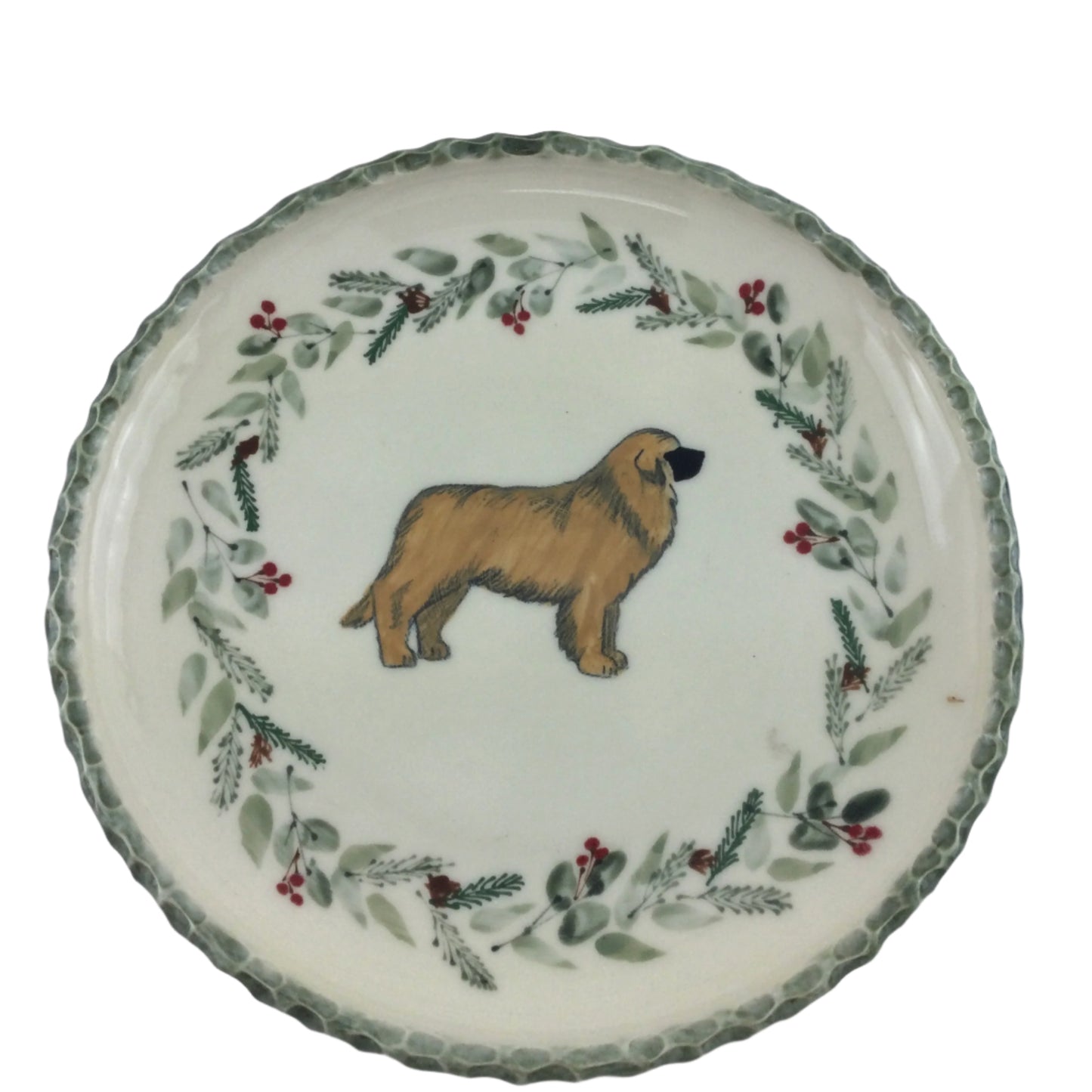 10 inch plate with Leonberger and Holiday Greenery