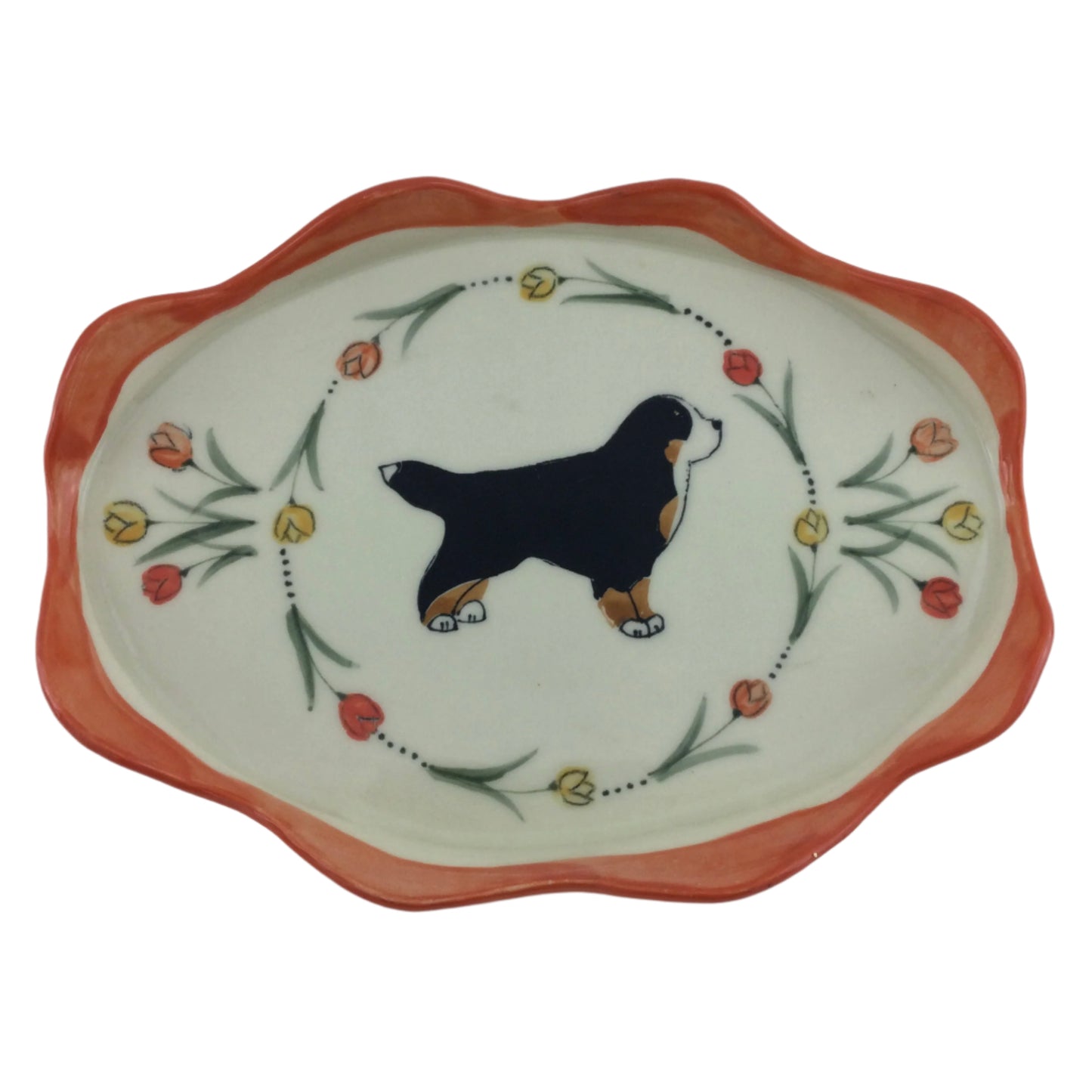 Tulips and a Bernese Mountain Dog on a 7 x 10 Handmade Oval Plate