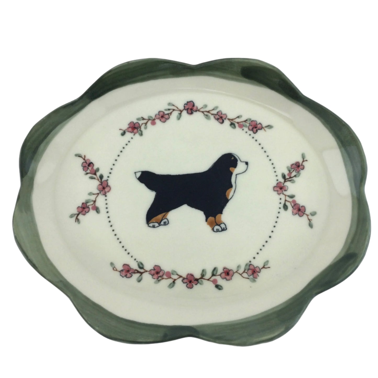 Oval Plate with Cherry Blossoms and Bernese Mountain Dog