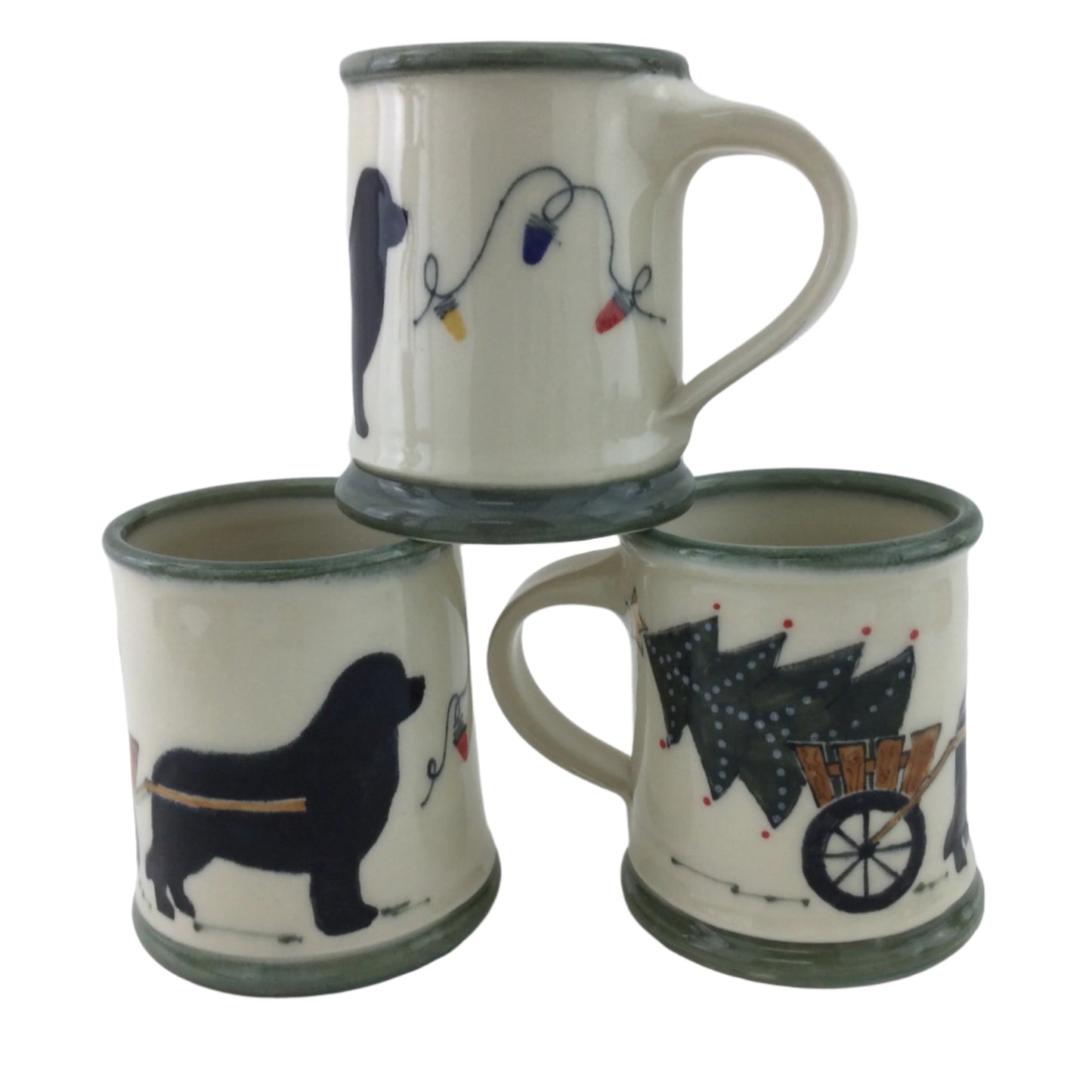 Christmas Mug with Black Newfoundland Dog Pulling a Tree in a Cart