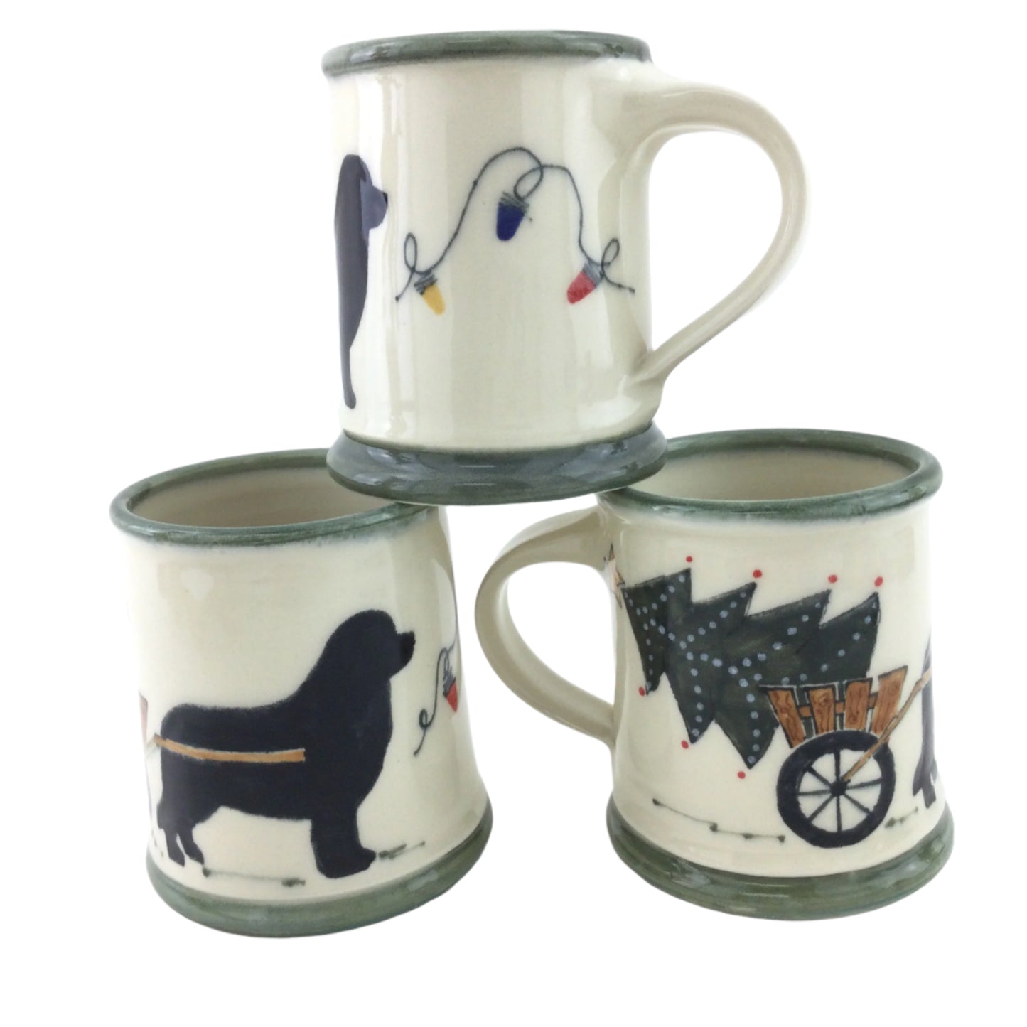 Christmas Mug with Black Newfoundland Dog Pulling a Tree in a Cart