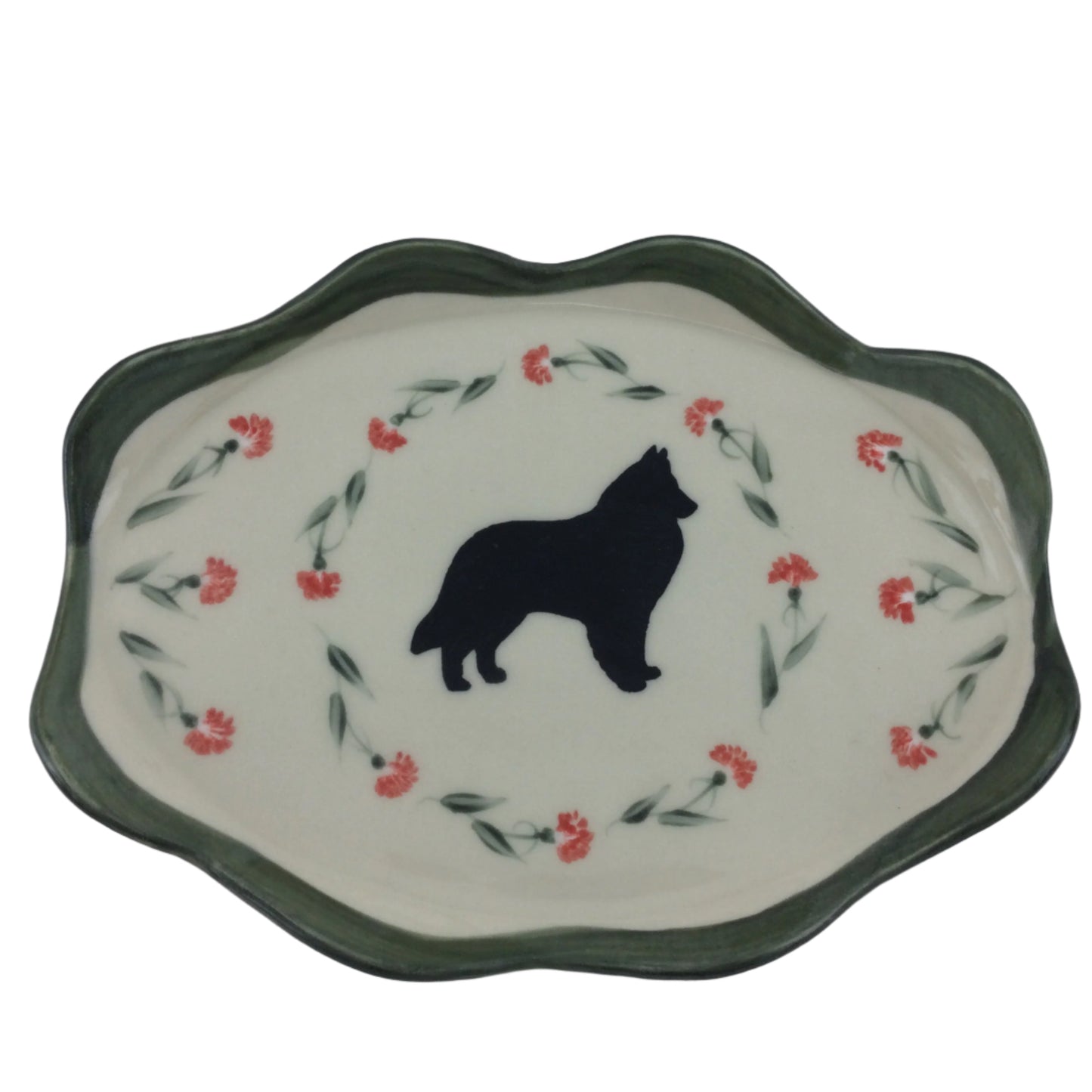 Medium Oval Plate with Carnations and Belgian Shepherd