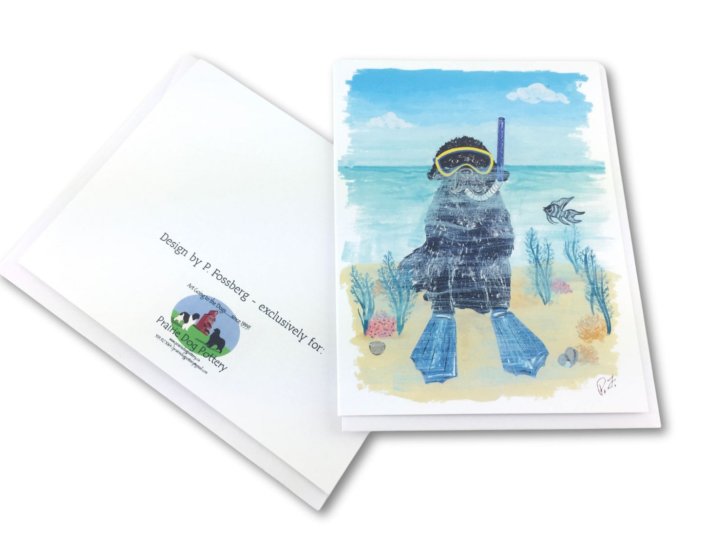 Newf in snorklel, mask and fins surrounded by coral and fish - funny