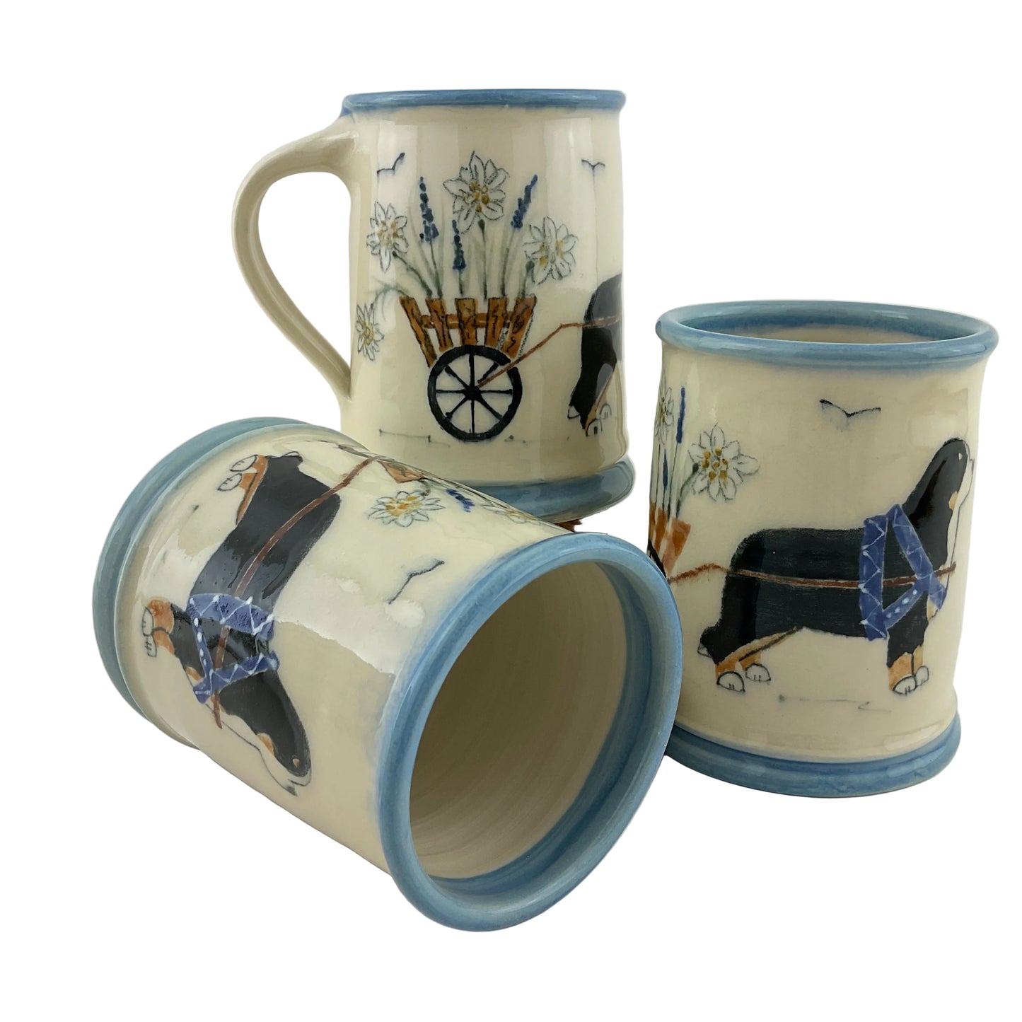 large mug with Berner pulling cart of flowers