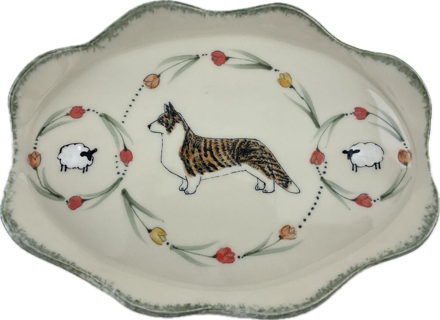 Oval Plate with Cardi, Tulips and Sheep