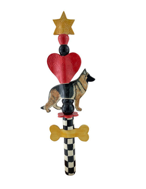 Garden Totem with German Shepherd, red heart and yellow bone.