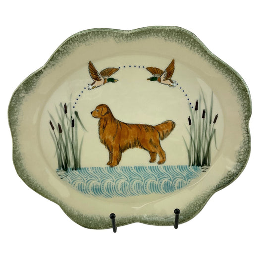 Golden Retriever and Ducks on Oval Plate