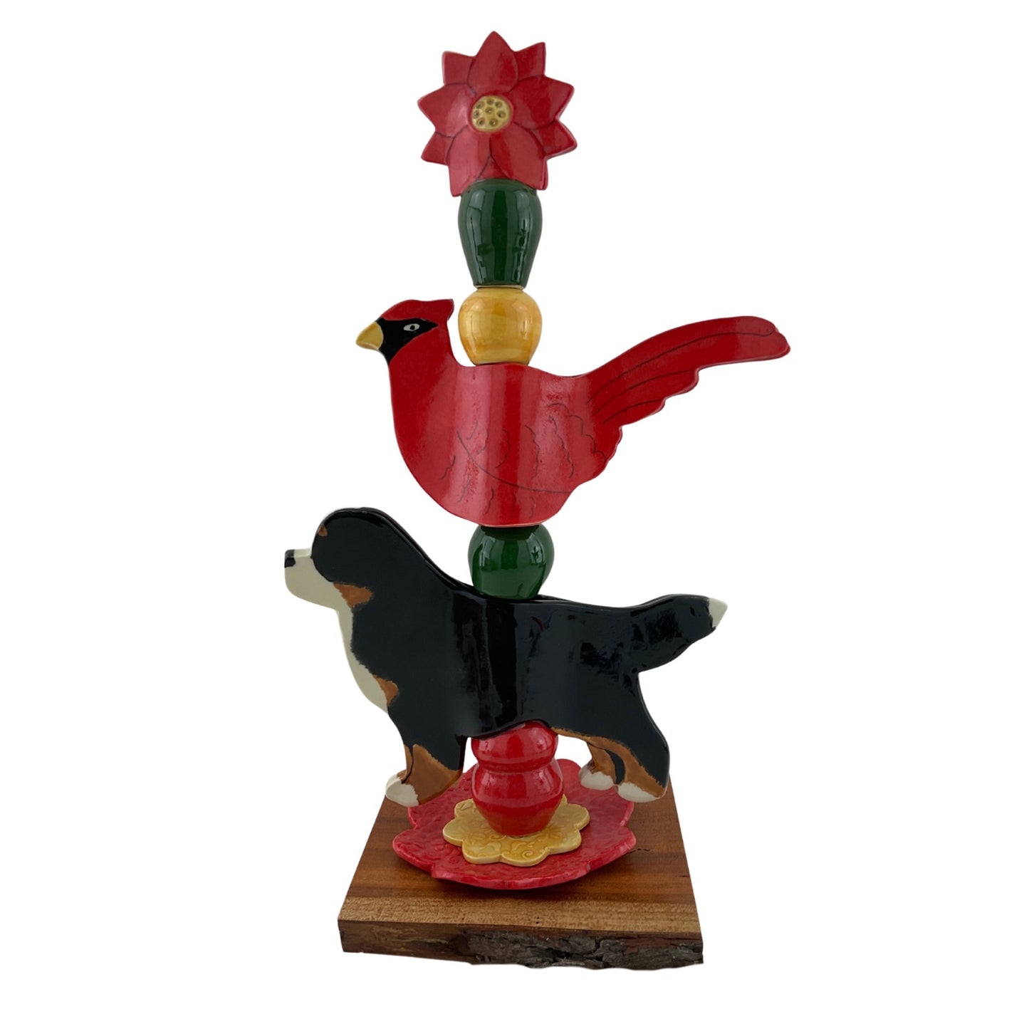 Tabletop Totem with Newfoundland or Berner, Cardinal and Poinsettia Topper