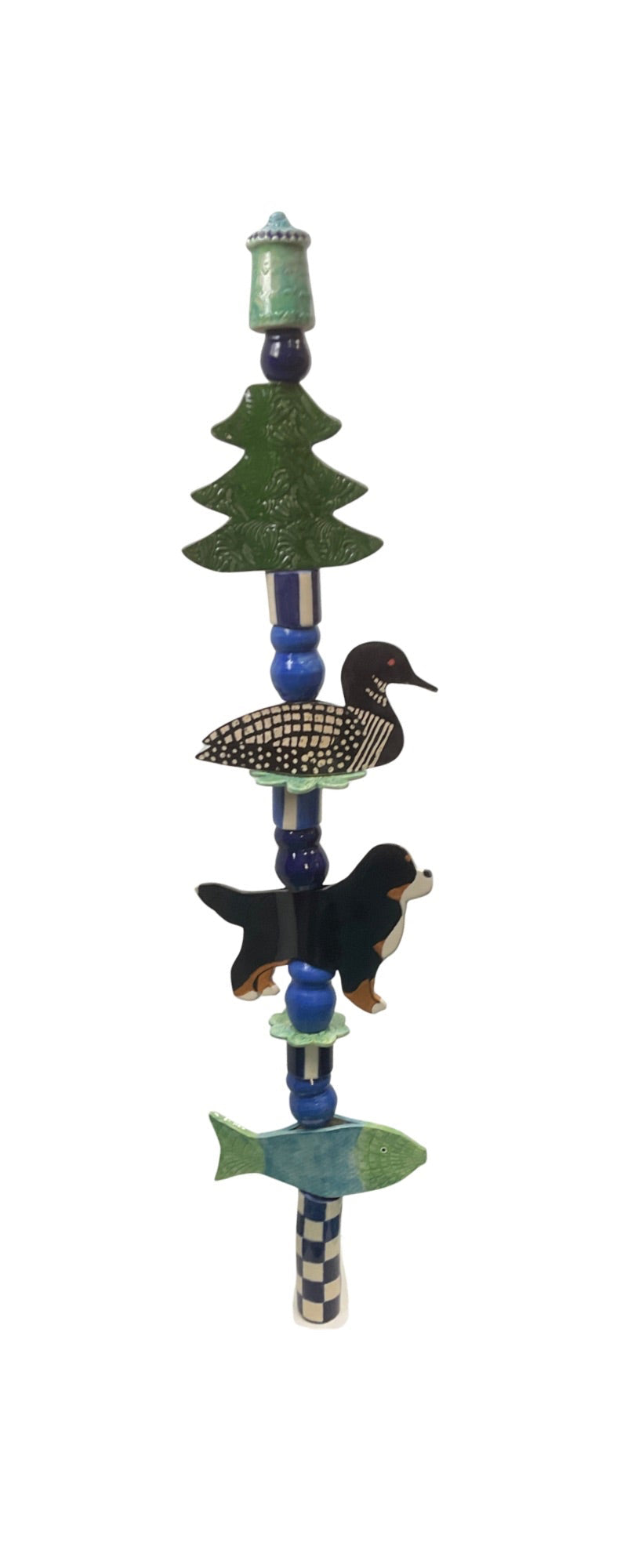 Northwoods Garden Totem with Newfoundland Dog ( or your breed) Loon, Pine Tree and Fish MADE TO ORDER
