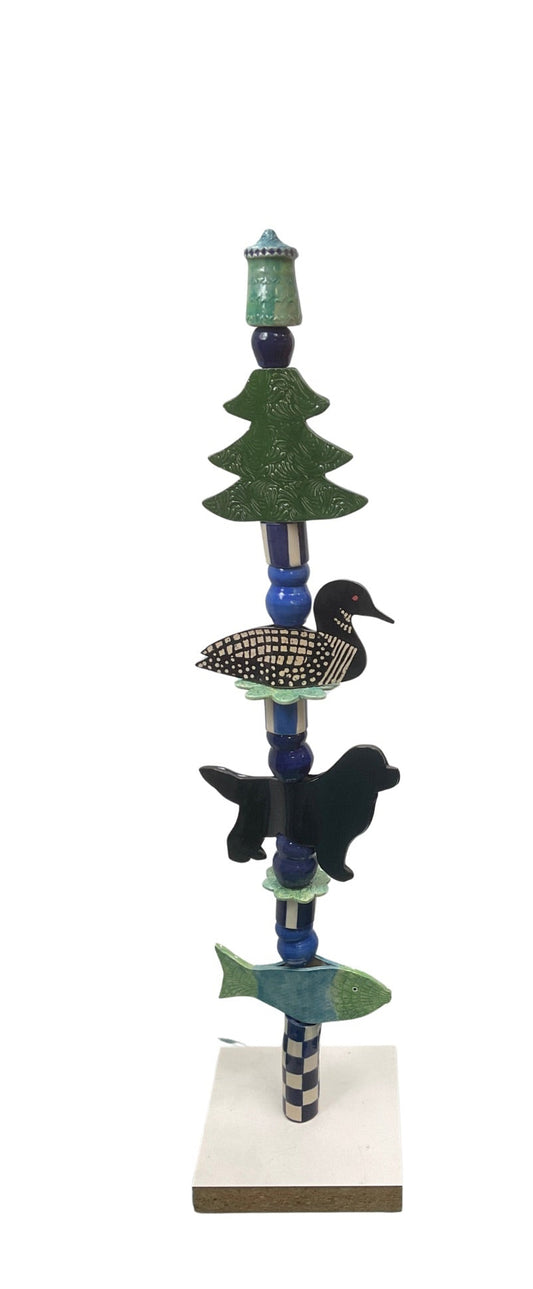 Northwoods Garden Totem with Newfoundland Dog ( or your breed) Loon, Pine Tree and Fish MADE TO ORDER