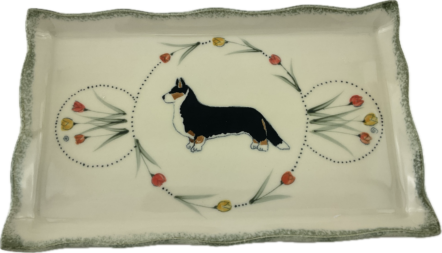 Rousseau Platter with Tulips and Cardigan Welsh Corgi