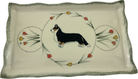 Rousseau Platter with Tulips and Cardigan Welsh Corgi