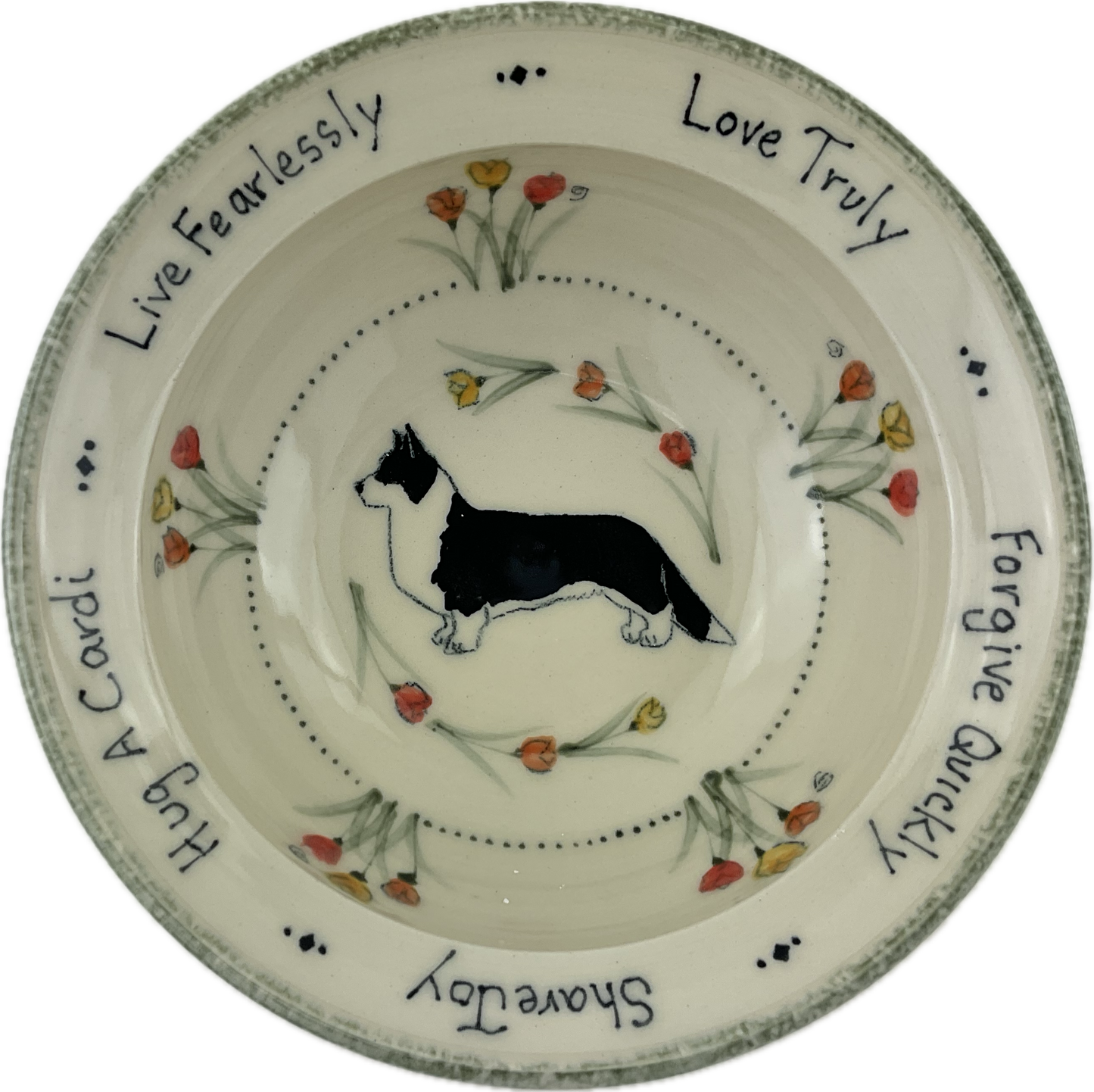 Medium "hug" bowl with Tulips and Cardigan Welsh Corgi