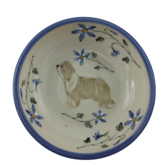 Small Bowl with Blue Columbine and Bearded Collie