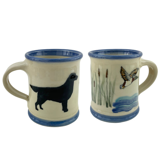 Large Mug with Flat Coated Retriever, Ducks, and Cattails
