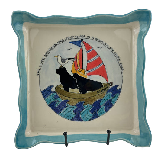 Two Newfs at Sea in a Pea Green Boat 10 inch Square Platter