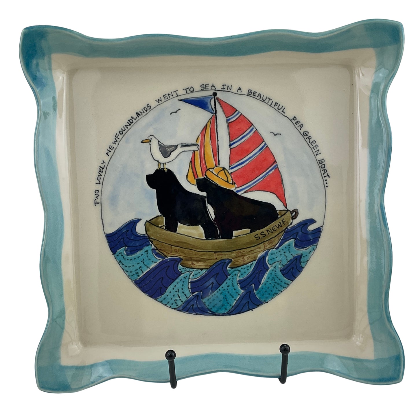 Two Newfs at Sea in a Pea Green Boat 10 inch Square Platter