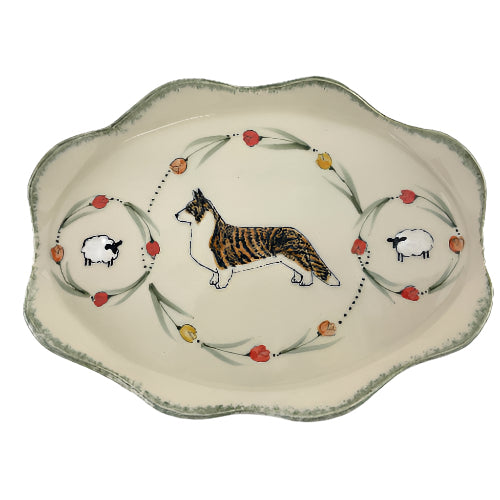 medium oval plate decorated with cardigan corgi, sheep and tulips