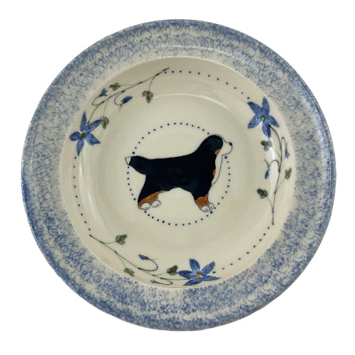individual pasta plate with Columbine flowers and Bernese mountain dog.