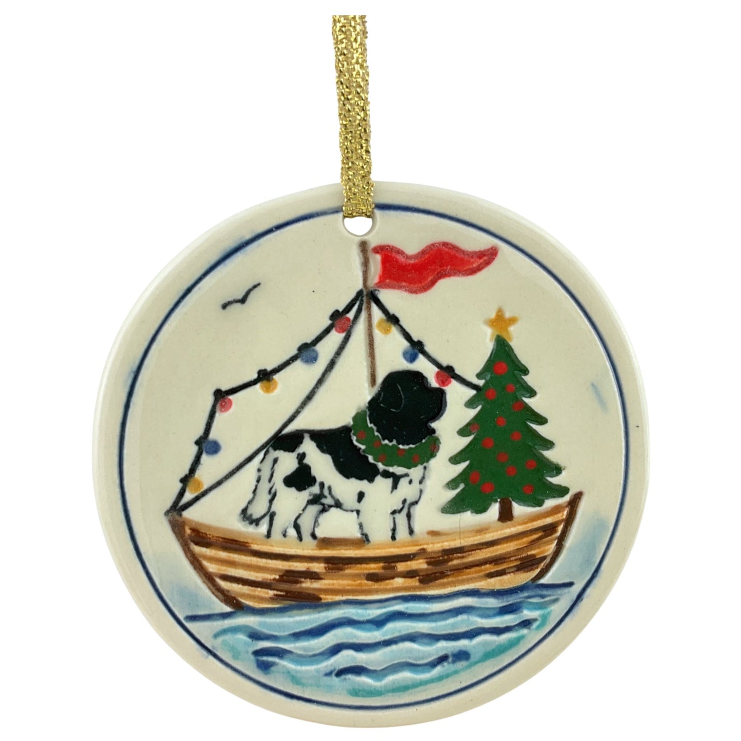 Holiday Newf in Boat with Christmas Tree Ornament