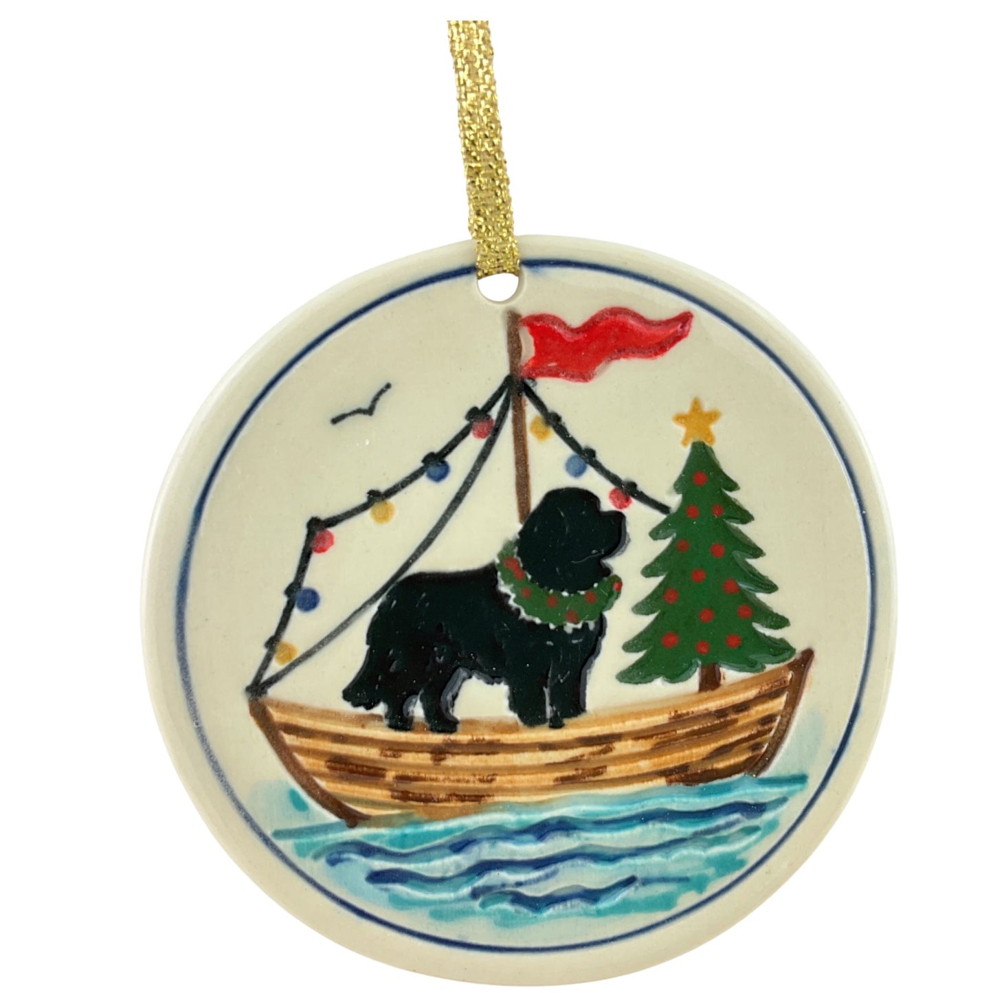 Holiday Newf in Boat with Christmas Tree Ornament