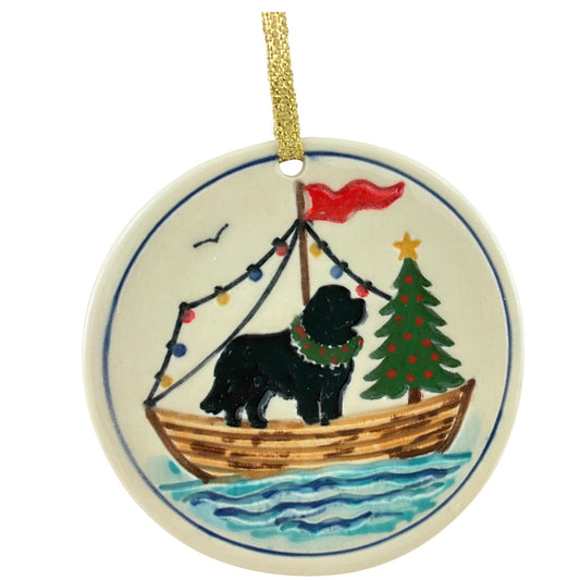 Holiday Newf in Boat with Christmas Tree Ornament