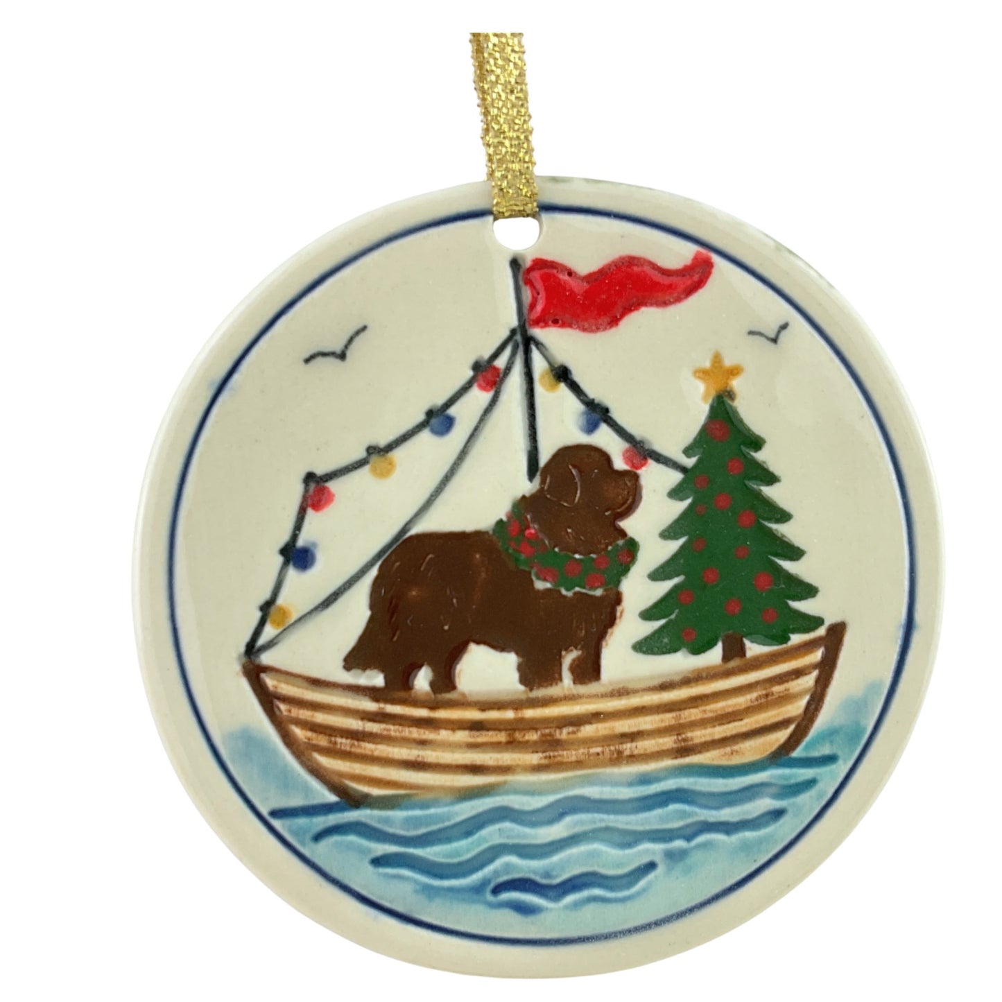 Holiday Newf in Boat with Christmas Tree Ornament