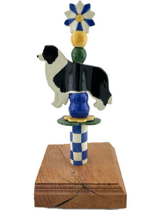 Border Collie Tabletop Totem in Blues and Yellow