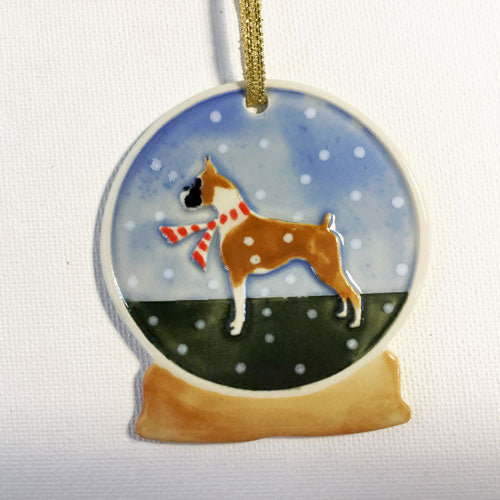 boxer wearing red scarf on porcelain ornament