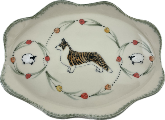 Oval Plate with Cardi, Tulips and Sheep