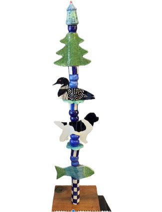 Northwoods Garden Totem with Newfoundland Dog, Loon, Pine Tree and Fish