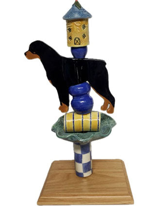 Rottweiler Tabletop Totem with Agility Tunnel and Fairy House Topper